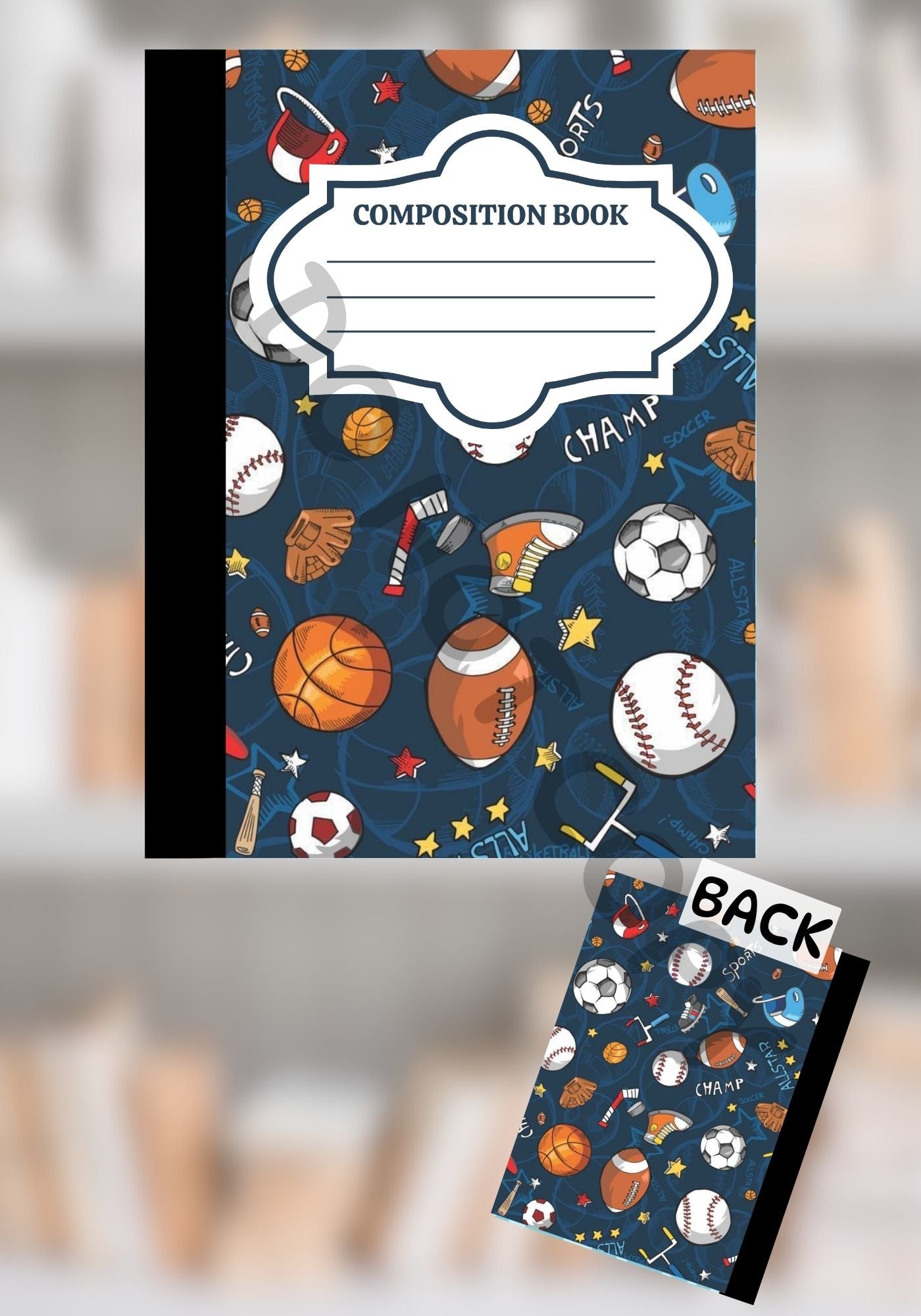 Custom sports-themed composition notebook with a blue background featuring footballs, basketballs, baseballs, soccer balls, cleats, and gear. Includes matching front and back cover design.