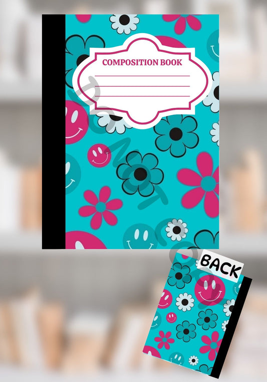 Custom teal composition notebook featuring pink, white, and black smiley faces and floral designs, shown with matching front and back covers.