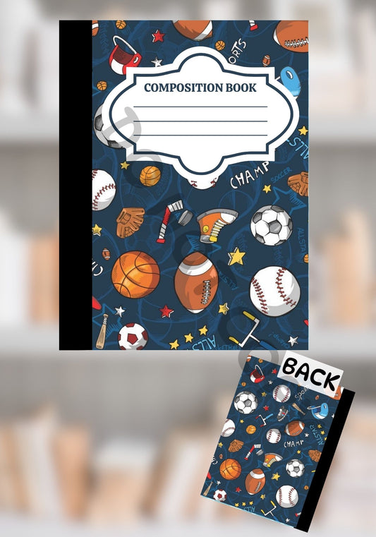 Custom sports-themed composition notebook with a blue background featuring footballs, basketballs, baseballs, soccer balls, cleats, and gear. Includes matching front and back cover design.