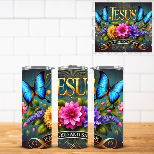 Faith-based 20oz tumbler wrap design with blue butterflies, colorful flowers, and the phrase “Jesus Is My Lord and Savior” in golden lettering.
