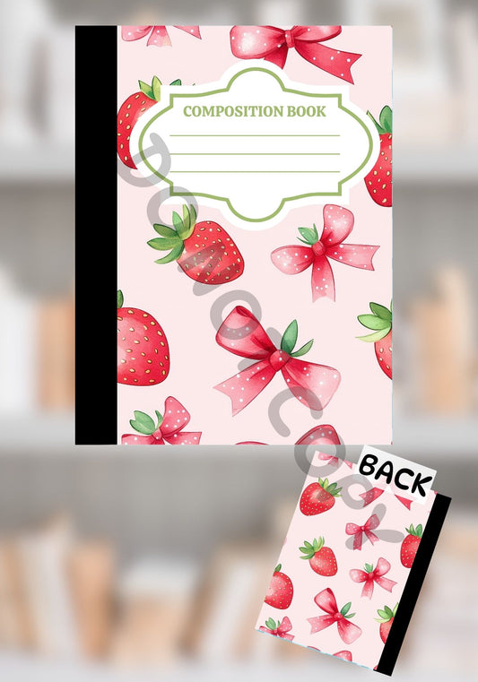 
Custom pink composition notebook featuring watercolor strawberries and pink bows on a soft blush background, with matching front and back covers.