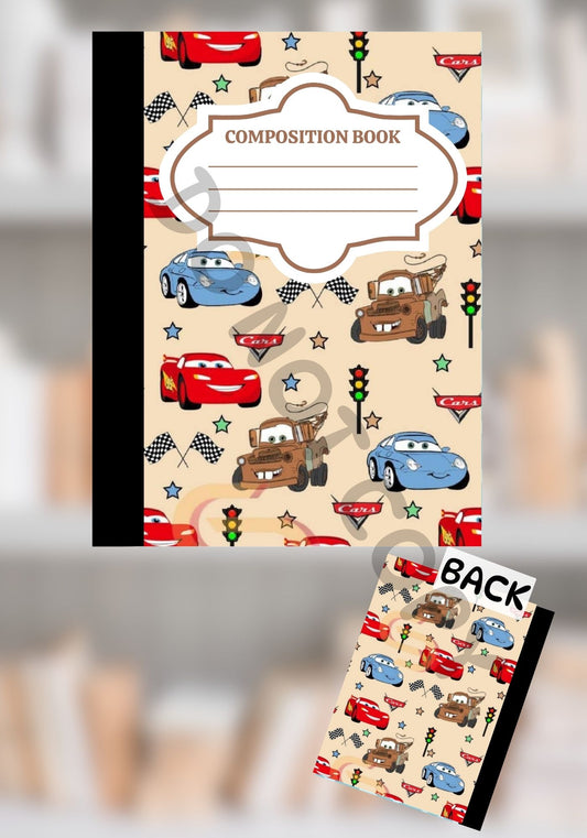Custom Cars-themed composition notebook with animated red, blue, and brown car characters on a beige background, shown with matching front and back covers.