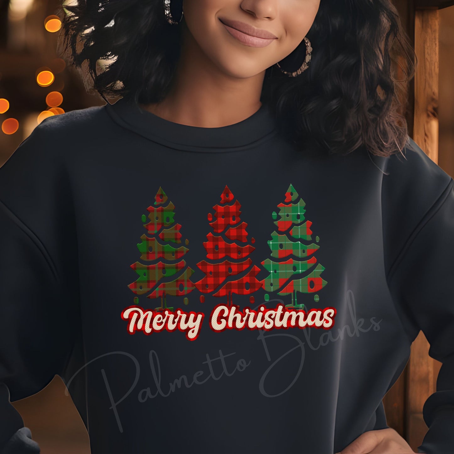 Merry Christmas Plaid Trees Full Color Transfer