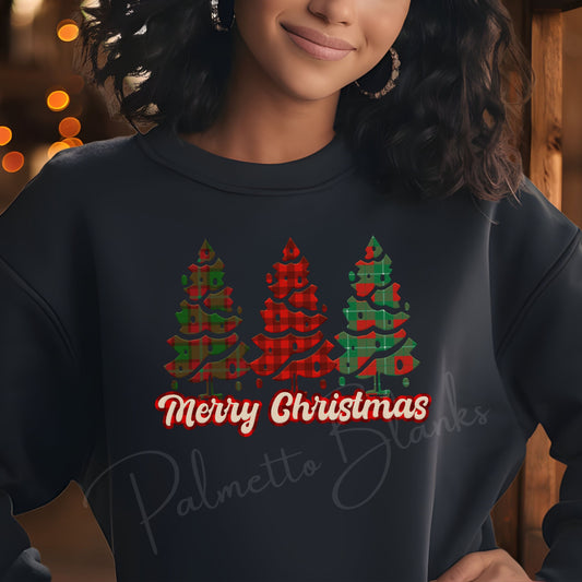 Merry Christmas Plaid Trees Full Color Transfer