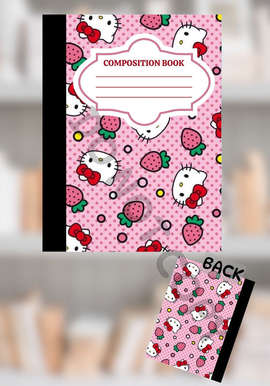 Pink composition notebook with kawaii-style kitty faces, strawberries, and polka dots, featuring a matching front and back cover design.