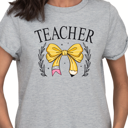 Teacher Pencil Bow (Yellow) - Clear Film Transfer