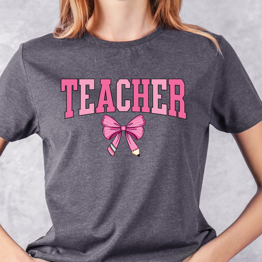 Teacher Pencil Bow (Pink) - Clear Film Transfer