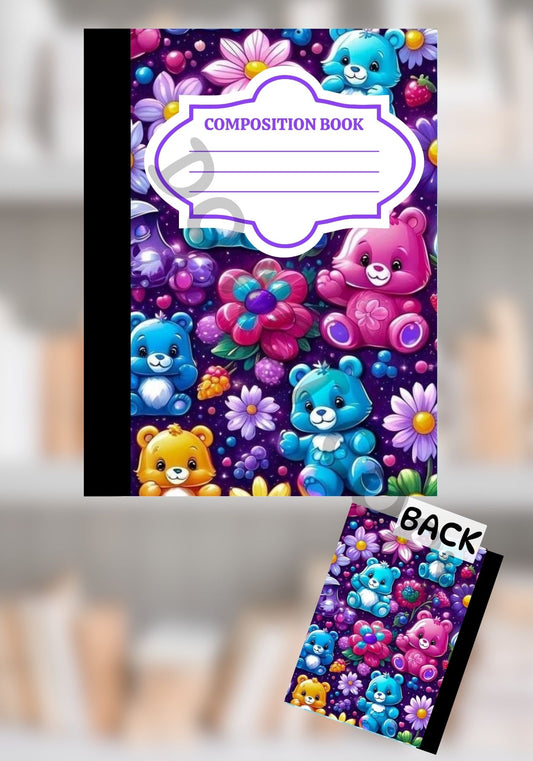 Colorful composition notebook with pink, blue, and yellow teddy bears surrounded by bright flowers and berries on a purple background, shown with matching front and back covers.