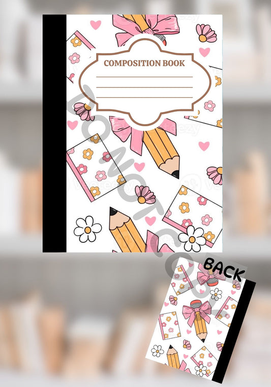 Composition notebook featuring hand-drawn yellow pencils with pink bows, floral notepads, daisies, and pastel hearts on a white background with matching front and back covers.